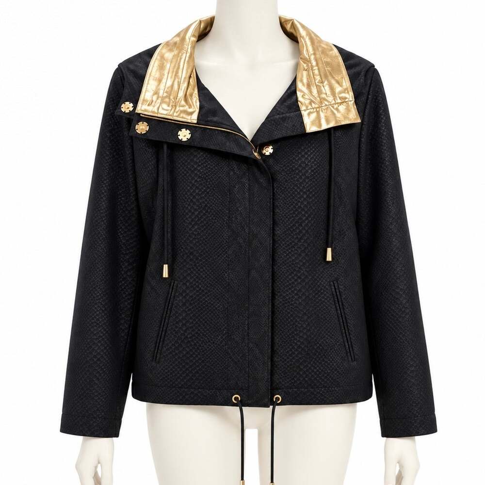 St John SoCa Womens Jacket Size S Black Gold Snakeskin Textured Zip Front Hooded